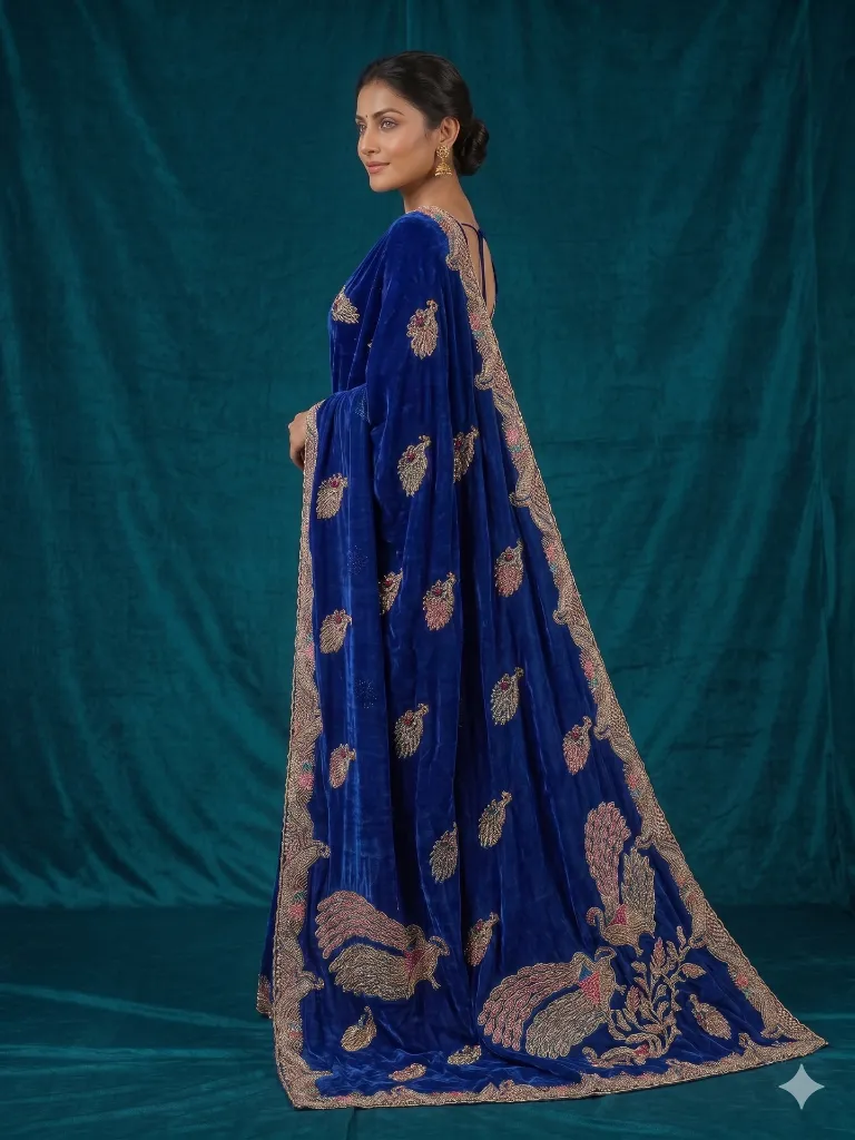 Royal Blue Graceful Embroidered Saree with Peacock Motif Elegance