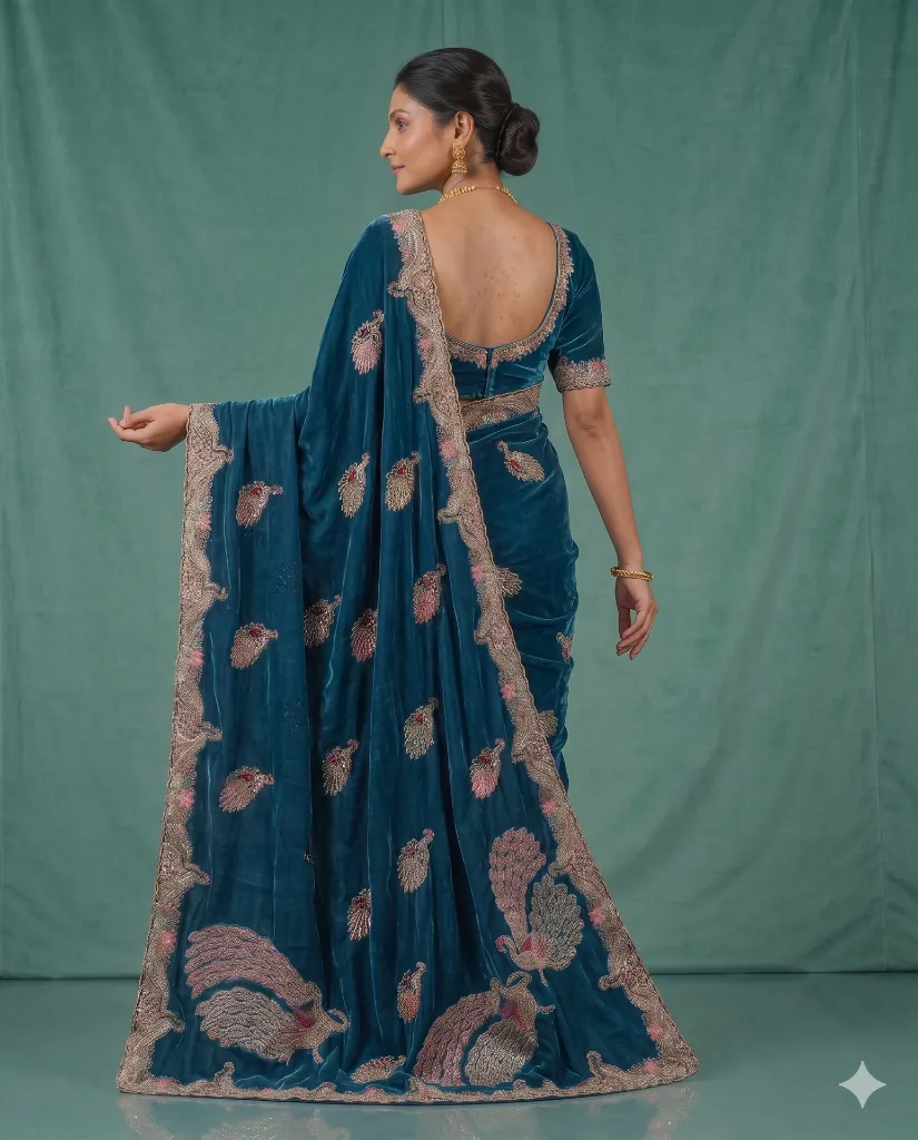 Teal Blue Graceful Embroidered Saree with Peacock Motif Elegance