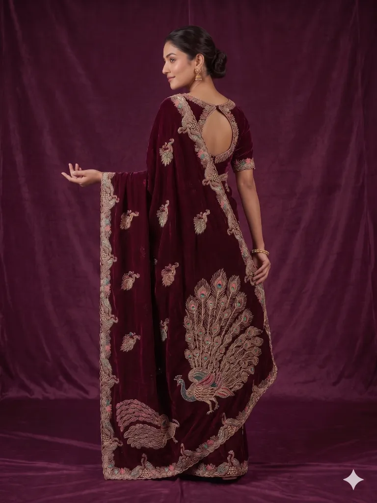 Wine Maroon Graceful Embroidered Saree with Peacock Motif Elegance