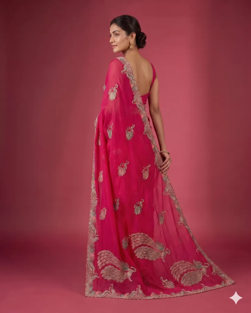 Hot Pink Graceful Embroidered Saree with Peacock Motif Elegance