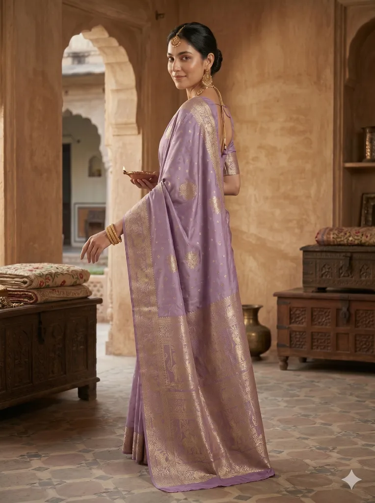 Royal Lavender Self Brocade Saree with Timeless Gold Elegance