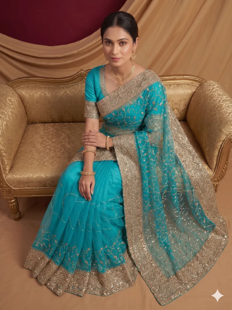 Teal Blue Elegant Saree with Intricate Zari Embroidered Detailing