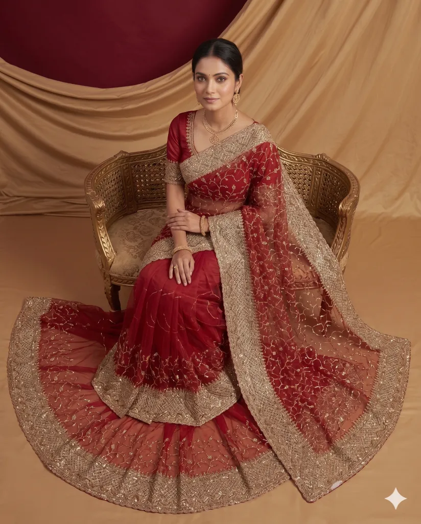 Red Elegant Saree with Intricate Zari Embroidered Detailing