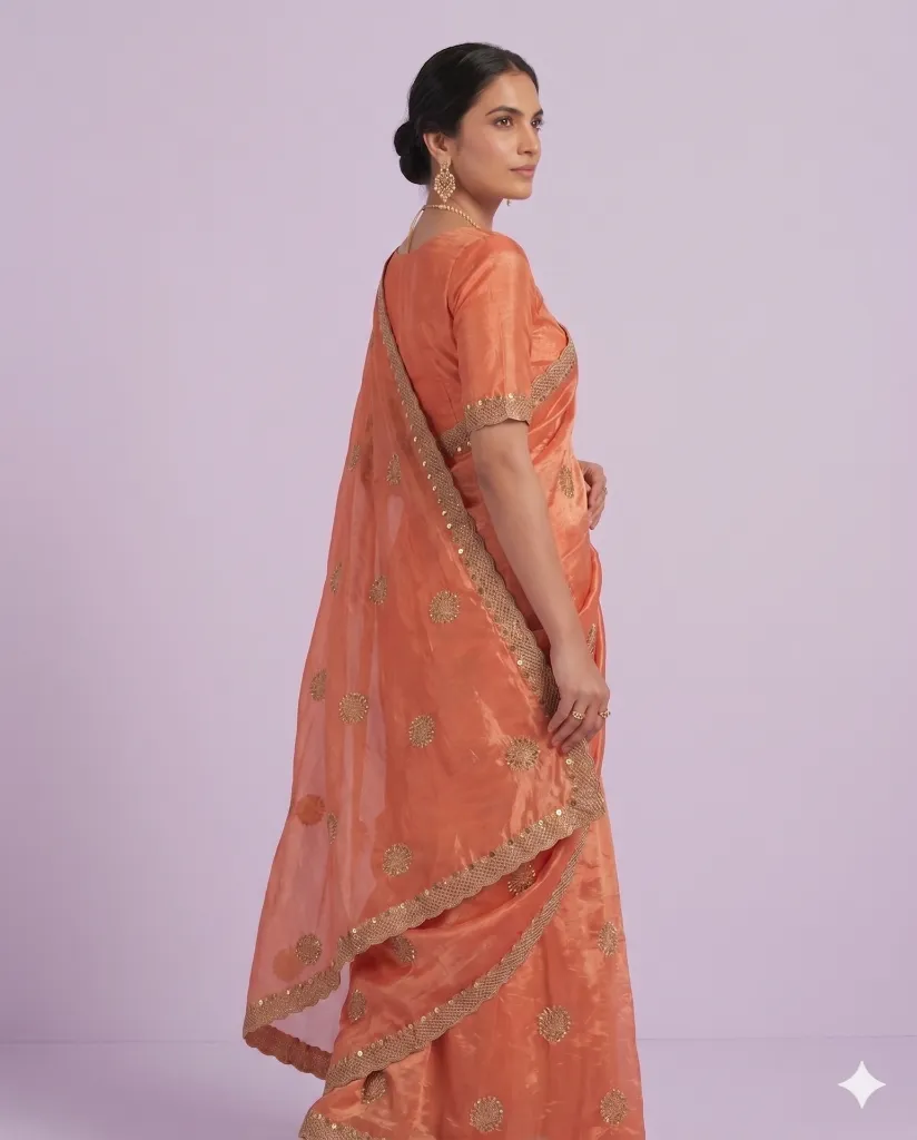 Peach Orange Elegant Silk Saree with Delicate Zari Buti and Scalloped Border