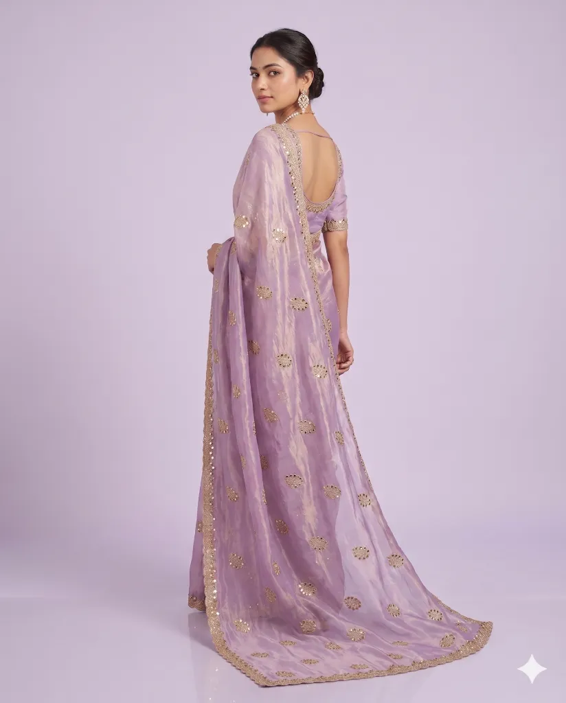 Lavender Elegant Silk Saree with Delicate Zari Buti and Scalloped Border