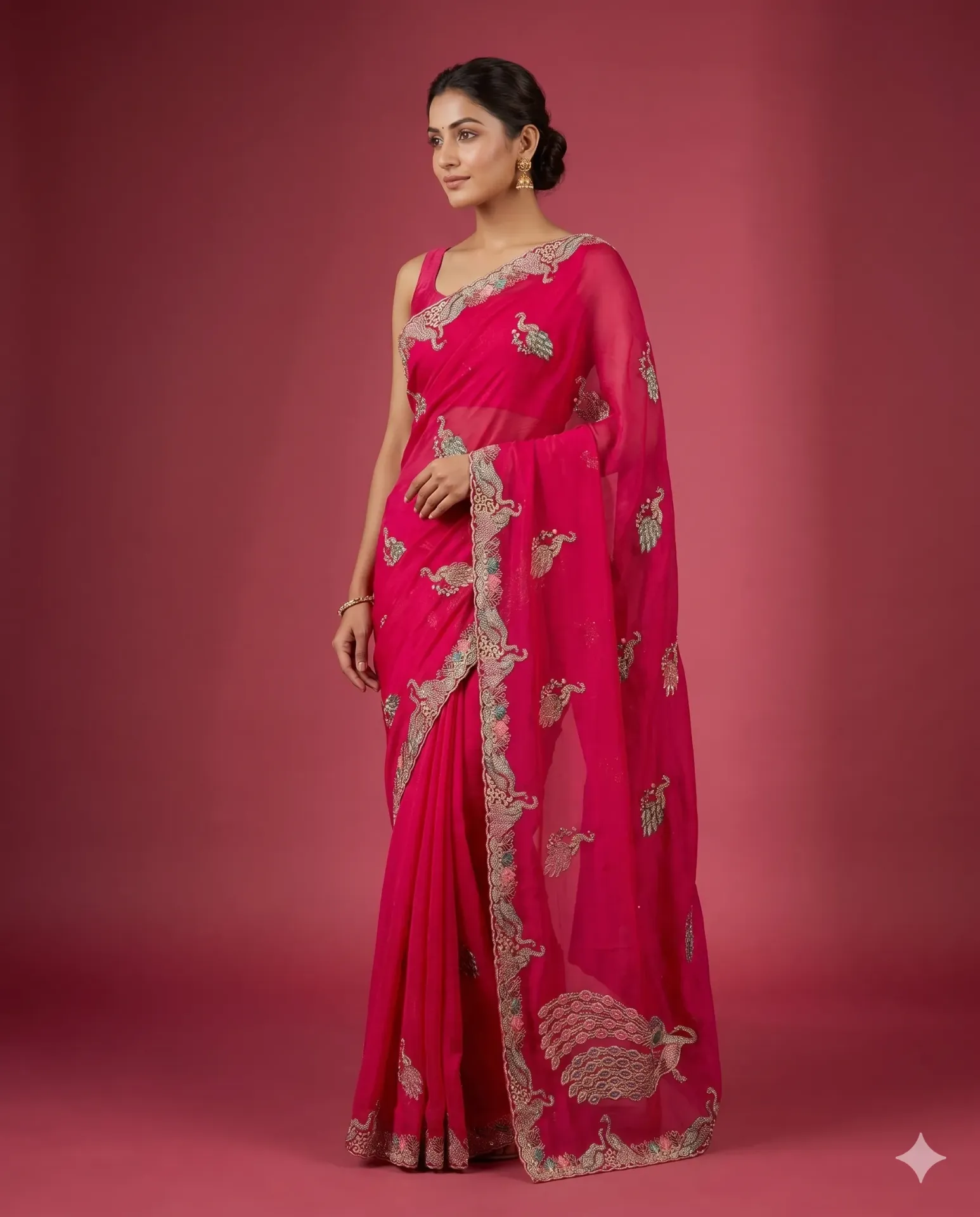 Graceful Embroidered Saree with Peacock Motif Elegance
