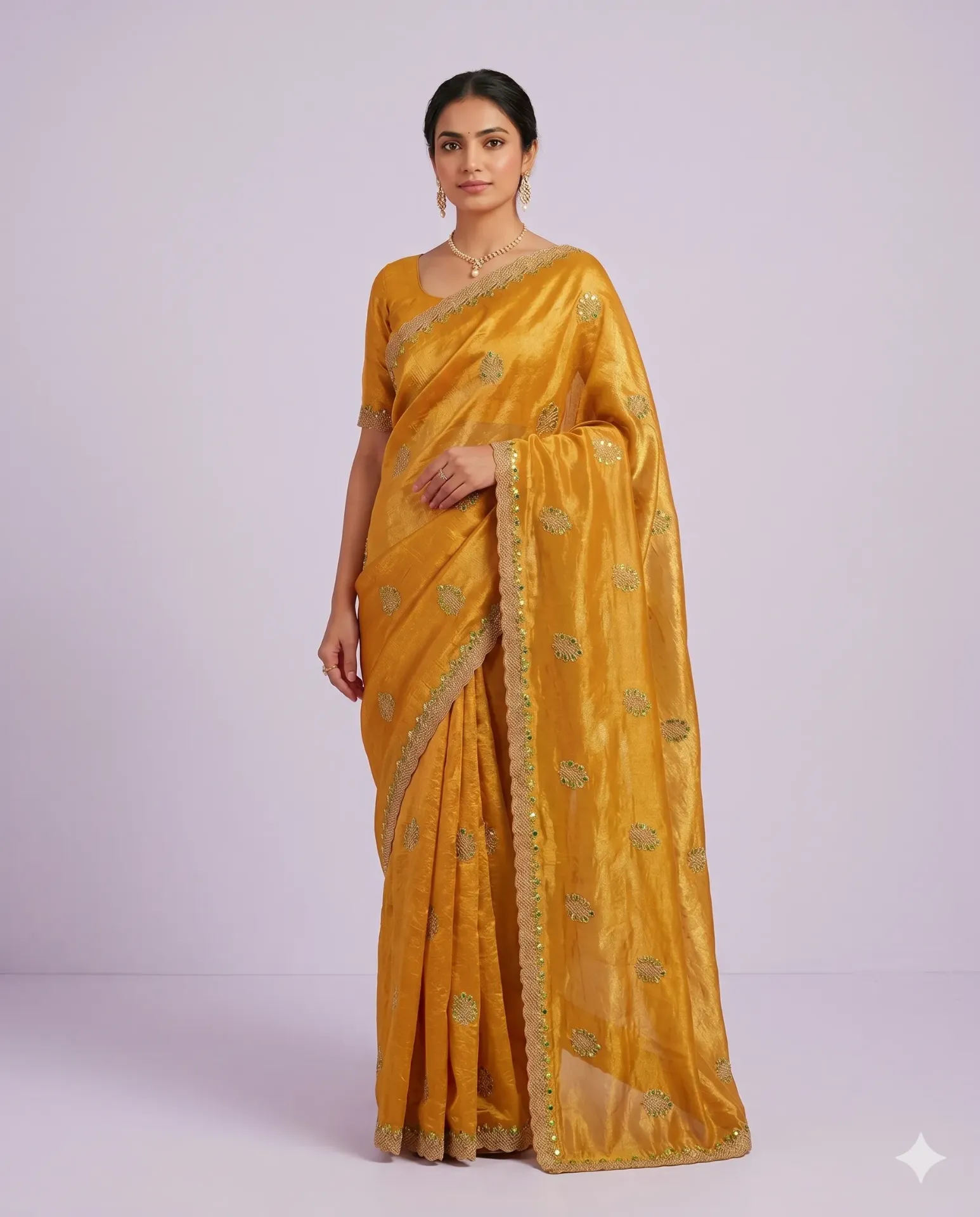 Elegant Silk Saree with Delicate Zari Buti and Scalloped Border