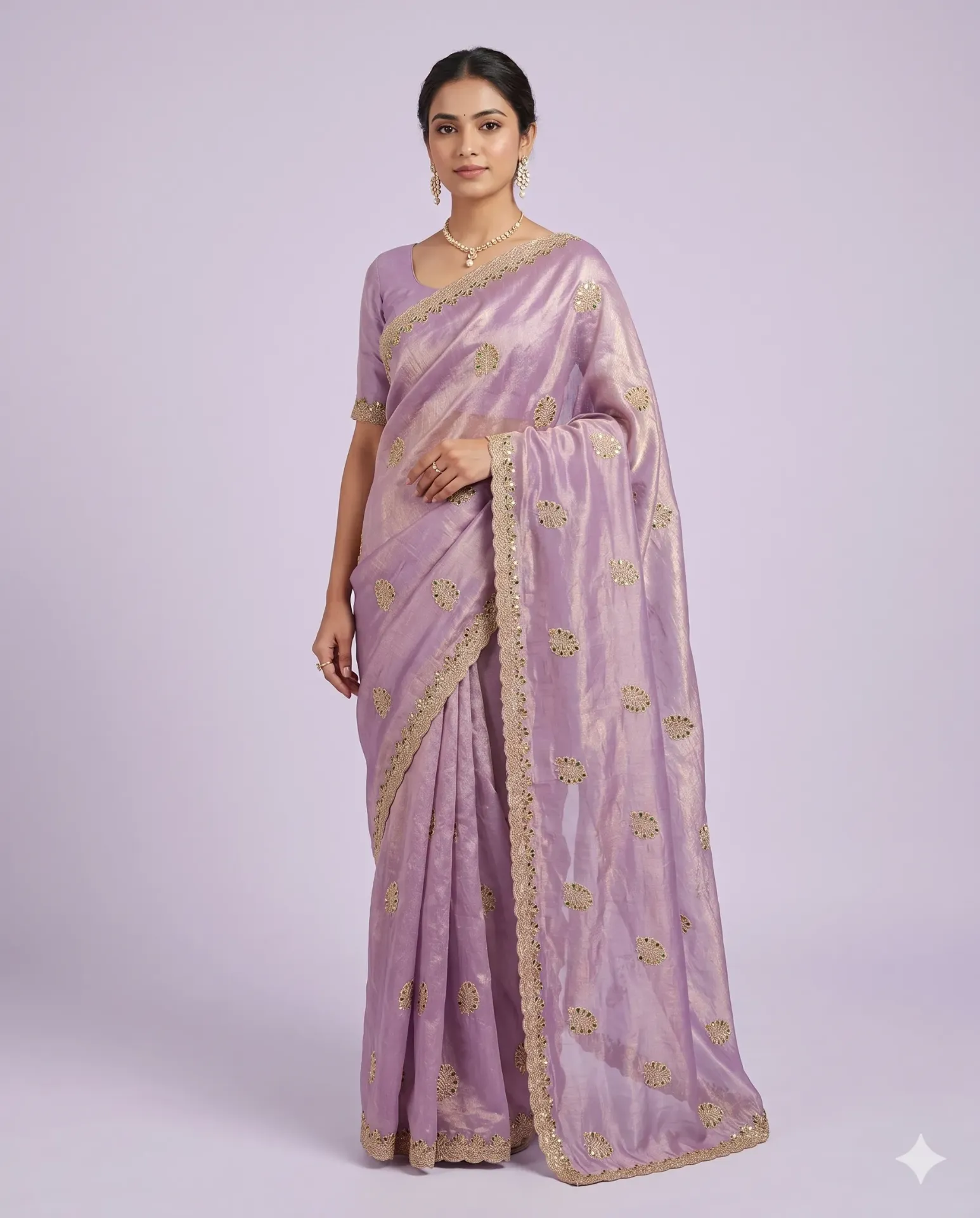 Elegant Silk Saree with Delicate Zari Buti and Scalloped Border
