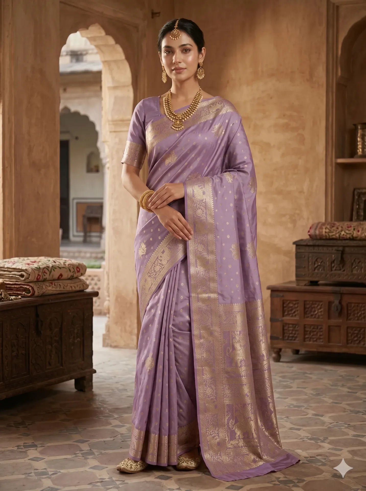 [SAR001001] Royal Lavender Self Brocade Saree with Timeless Gold Elegance