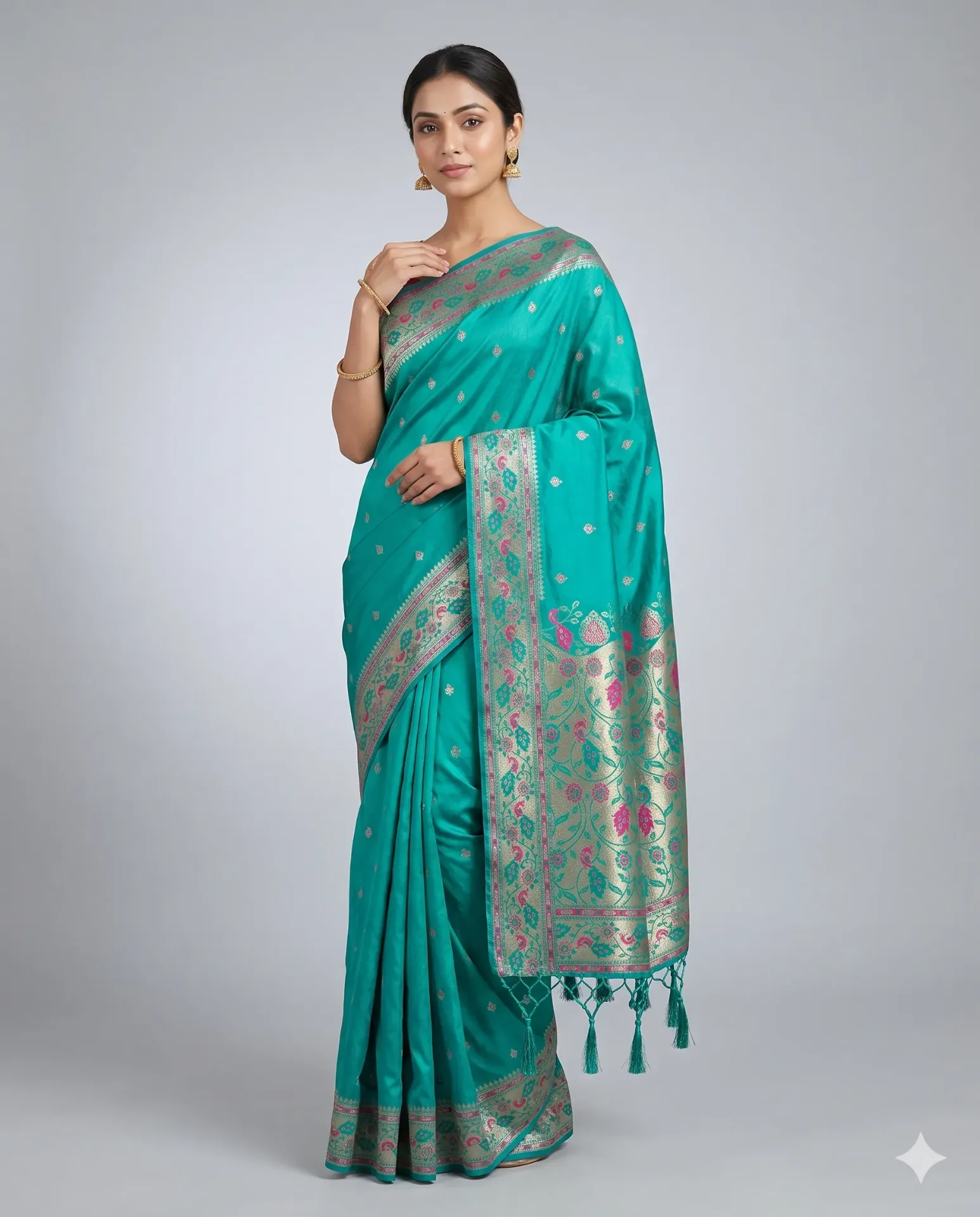 Elegant Teal Silk Saree with Intricate Floral Zari Border