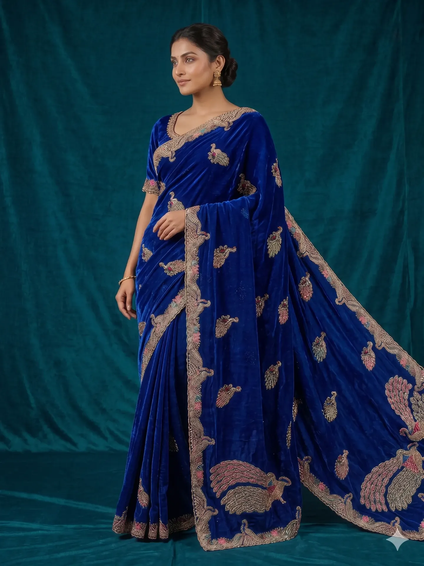 Graceful Embroidered Saree with Peacock Motif Elegance (Royal Blue)